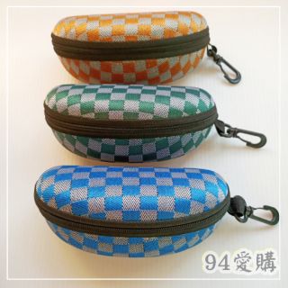 【促銷】 格子 造型 掛鉤式 拉鍊眼鏡盒 耐壓 防摔眼鏡盒 運動 扣環 藍色 綠色 ☆°╮94愛購╭°☆