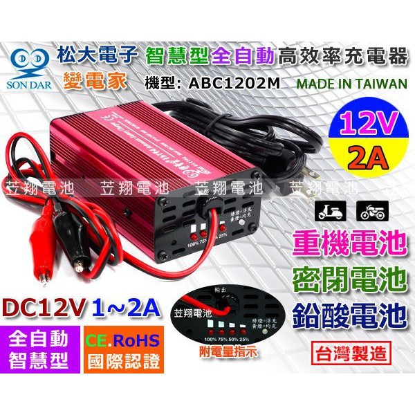 ☼ 台中苙翔電池 ►機車電池充電器 ABC-1202M 12V2A 可充 GT12A-BS GT12B-4 GTZ10S