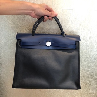 (已售出)HERMES-黑藍拚色防水布HERBAG31手提兩用包