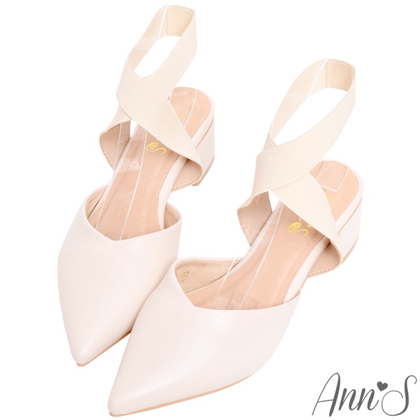 Ann’S芭蕾造型-寬版鬆緊繫帶V口粗跟尖頭鞋4.5cm-米白