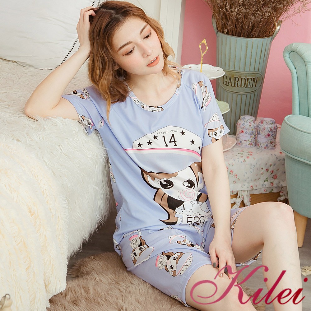 【Kilei】女生睡衣 睡衣套裝 居家服  睡衣 牛奶絲棒棒糖帽子女孩短袖二件式睡衣組XA3694-01(甜蜜藍)全尺碼