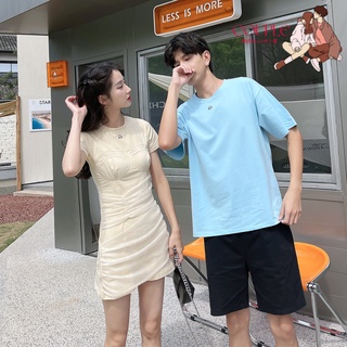 【COUPLE】💕💕情侶裝男圓領短袖T恤衫女短款緊身氣質連衣裙