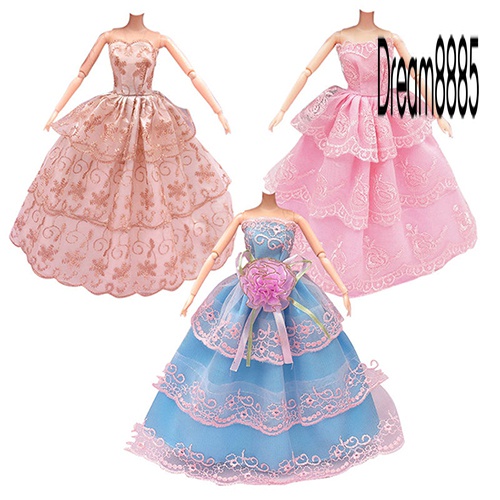 [Dr85]  3Pcs巴比娃娃衣服婚紗公主拖尾裙晚禮服