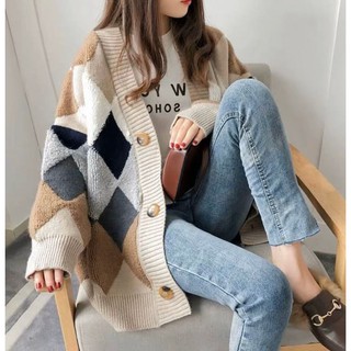 韓國同步~秋冬款必買外套~韓妞菱格拼接毛毛外套 針織外套針織上衣 圖騰百搭 時尚簡約寬鬆彈性 冬天外套