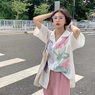 襯衫女夏季新款復古油畫印花扎染寬鬆中長款薄款短袖上衣潮