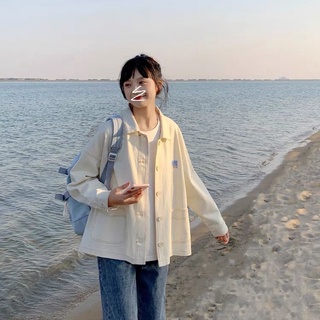 新款奶油杏復古學院風日系工裝外套女韓版港風印花女襯衫外套