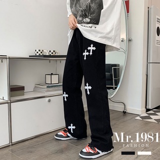 Mr.1981【臺灣出貨 2色 加大】歐美風刺繡十字架牛仔褲 復古寬鬆直筒hiphop炸街褲 VIBE【NTJ3309】