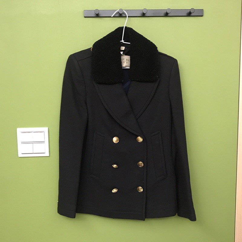 （期間特價）Burberry 經典黑色中長版金雙排扣大衣