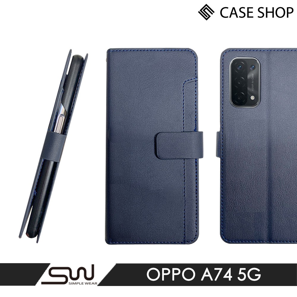 【CASE SHOP】 OPPO A74(5G) 前插卡側立式皮套-藍