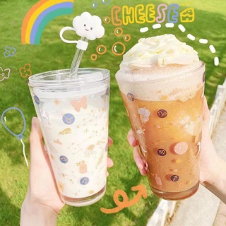 玻璃水杯 玻璃吸管杯 ins風 星空杯子水杯 吸管杯 可愛少女創意卡通流行 玻璃杯 果汁牛奶杯 情侶杯 環保咖啡杯隨手杯