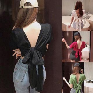 🌱Comeandbuy🙋短袖女夏 網紅性感小短版露肚裝露背綁帶合身小心機T恤女 性感合身V領上衣女