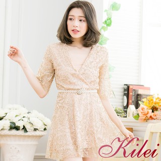 【Kilei】女裝 短洋裝 小洋裝 女生衣著 V領小亮片貼紗五分袖洋裝XA3365-01(繽紛金)全尺碼