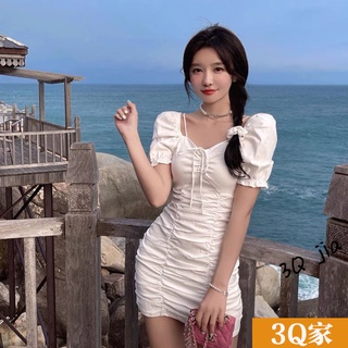 白色連衣裙女 夏天洋裝 韓版洋裝 白色洋裝 泡泡袖 褶皺洋裝 抽繩洋裝 性感洋裝 包臀連衣裙 修身連身裙 包裙洋裝 洋裝