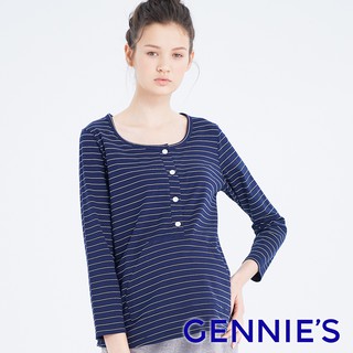 【Gennies 奇妮】條紋休閒孕婦哺乳上衣-藍白條(TPA36)