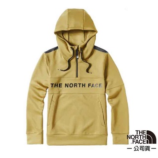 【美國 The North Face】經典款 半門襟 雙口袋快乾長袖連帽T 排汗衣 ICON+雙層針織 46HC 卡其