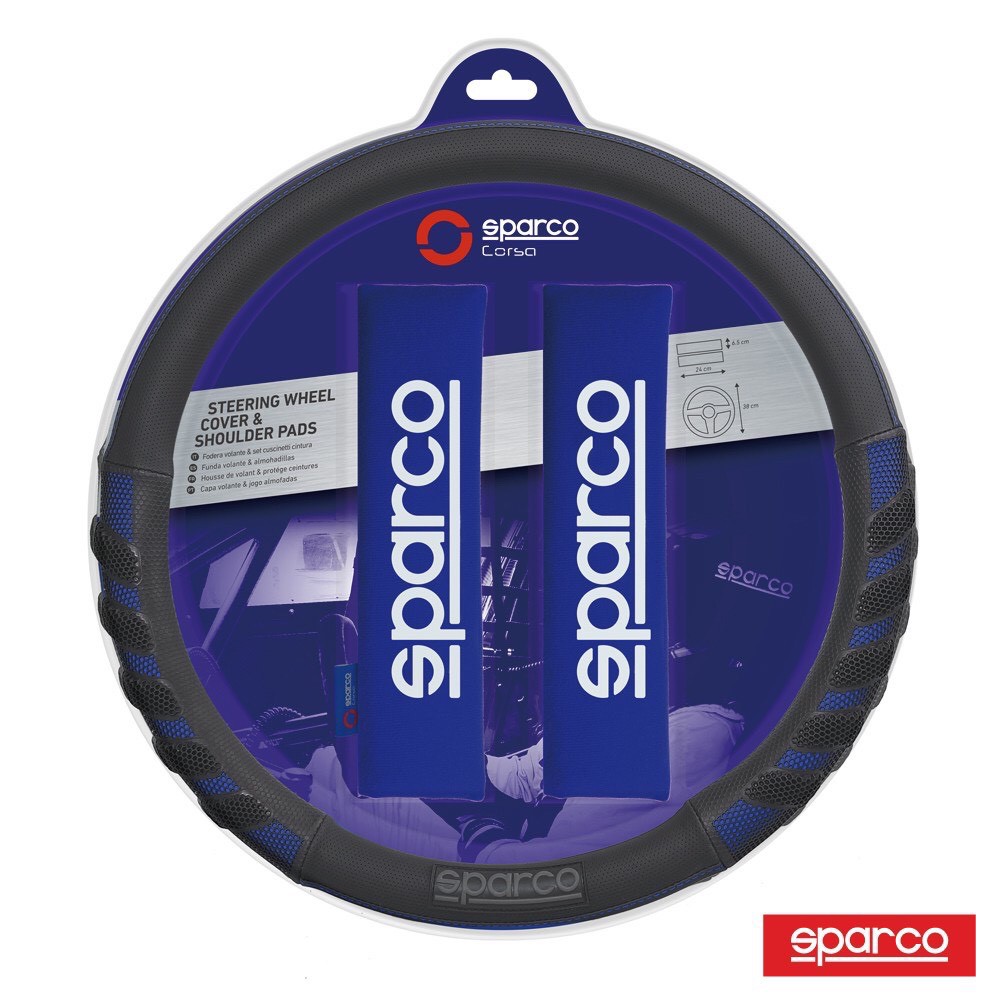 SPARCO造型方向盤套+安全套組-藍色 汽車方向盤套 安全帶套 方向盤握把套