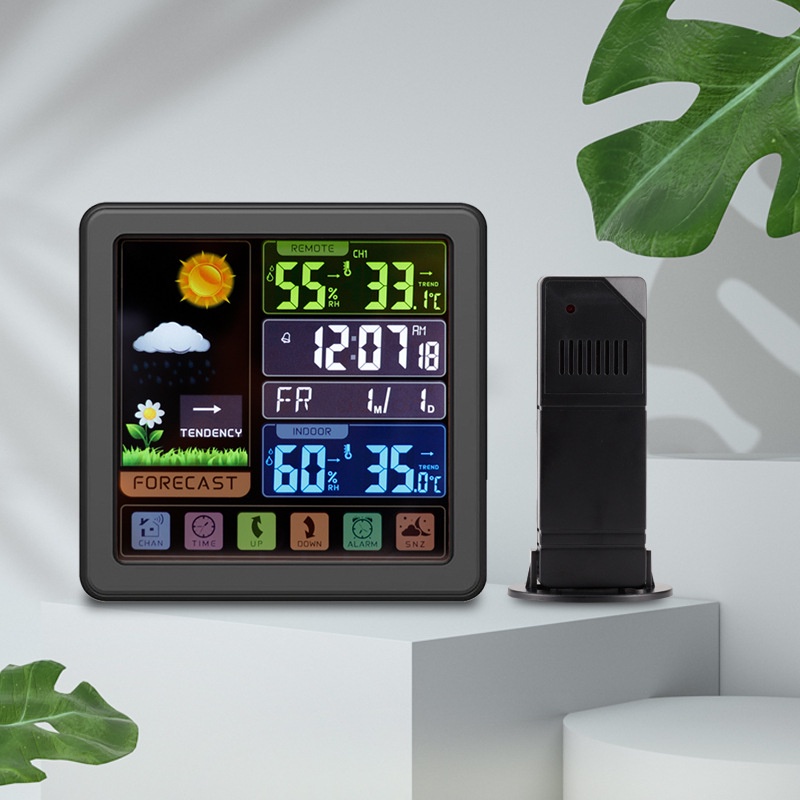 ✓✈✱☏♦多功能觸屏鍵無線氣象鐘創意彩屏室內外溫濕度計背光天氣預報時鐘