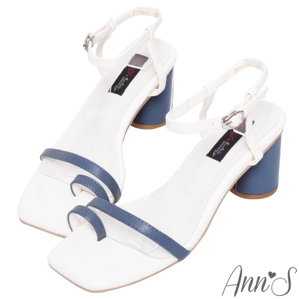 Ann’S微時髦-撞色套指方頭粗跟涼鞋6cm-藍白