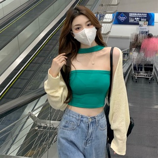 ❤️性感修身 快速出貨❤️臺灣現貨-時尚綠色掛脖吊帶內搭上衣、春夏新款修身氣質短款女背心、女ins潮流款