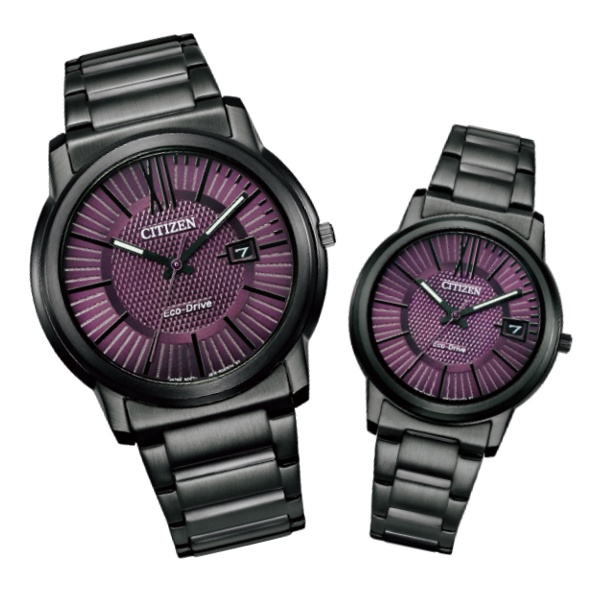 CITIZEN 星辰(AW1217-83X+FE6017-85X)Pair對錶時尚格紋光動能腕錶/紫面/42+33.3m