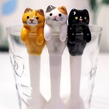 日本DECOLE 療癒貓咪 杯緣子 造型陶瓷湯匙 攪拌棒 虎斑貓 白貓 黑貓