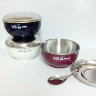 臺灣製造三光 寶石牌 SUS304不銹鋼 雙層隔熱碗14cm+不銹鋼蓋 湯匙 泡麵碗 湯碗 飯碗