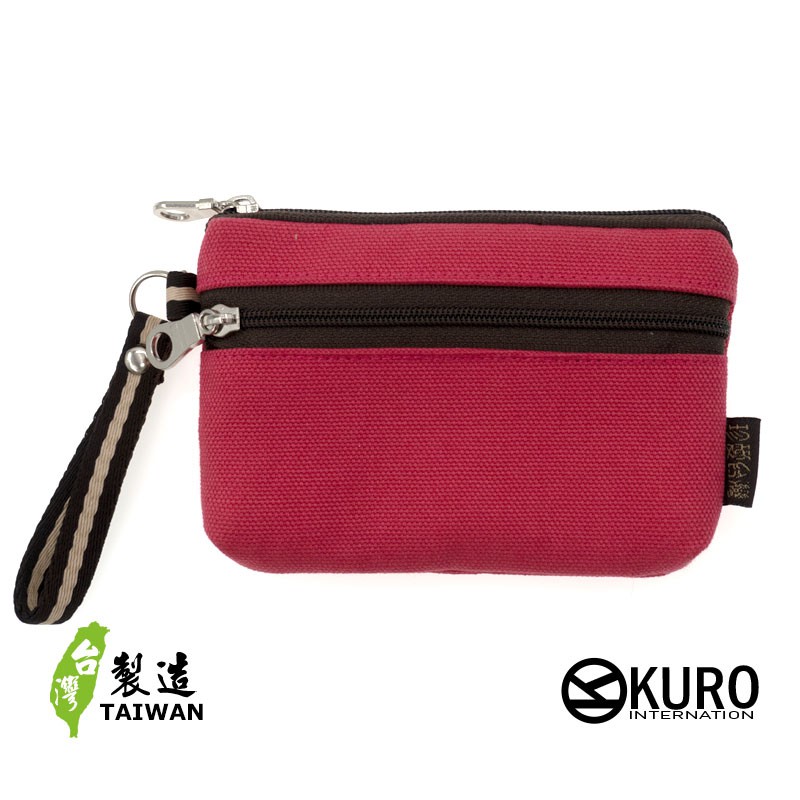 KURO-SHOP台灣製造 桃紅色帆布 雙層  零錢包 鑰匙包 名片包