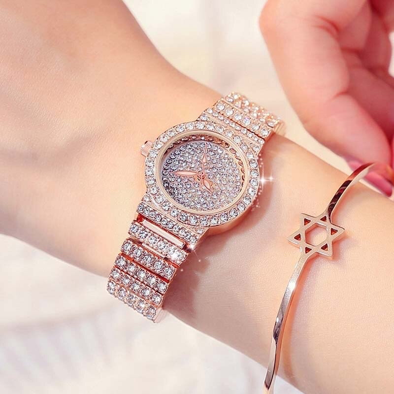 Reloj Mujer時尚奢侈品牌女士石英手錶Montre女士手錶 18K金表 滿天星圓表 28mm鑲鑽水晶商務女錶