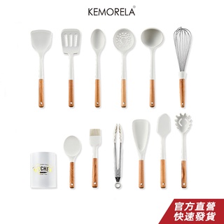 KEMORELA 實木手柄白色矽膠廚具 抹刀 現代簡約廚烘焙廚房用具 鍋鏟 廚具 湯勺 食物夾 矽膠刮刀 漏勺矽膠刷