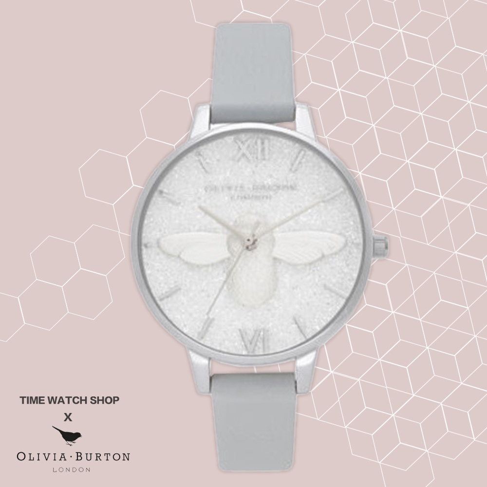台灣公司貨【高雄時光鐘錶公司】Olivia Burton OB16GD52 鋼殼3D大蜜蜂閃耀銀面ECO淺灰帶腕錶 手錶
