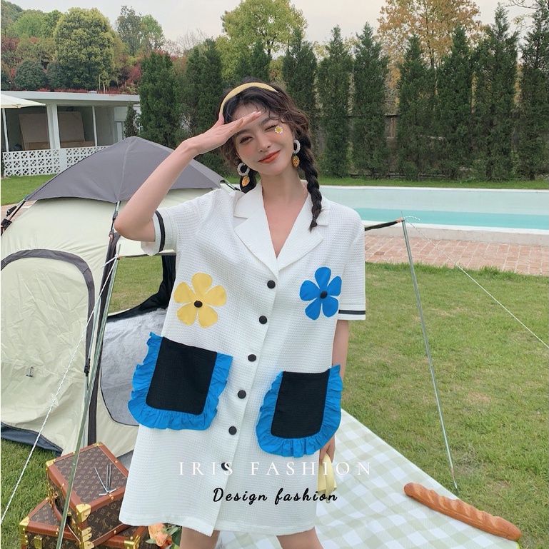 IRIS BOUTIQUE 泰國小眾設計 IDB0025黃藍花不對稱拼接大口袋短袖洋裝夏天女士正品保證