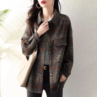 襯衫 毛呢外套女襯衣秋季新款復古時尚百搭中長格子長袖襯衫 女