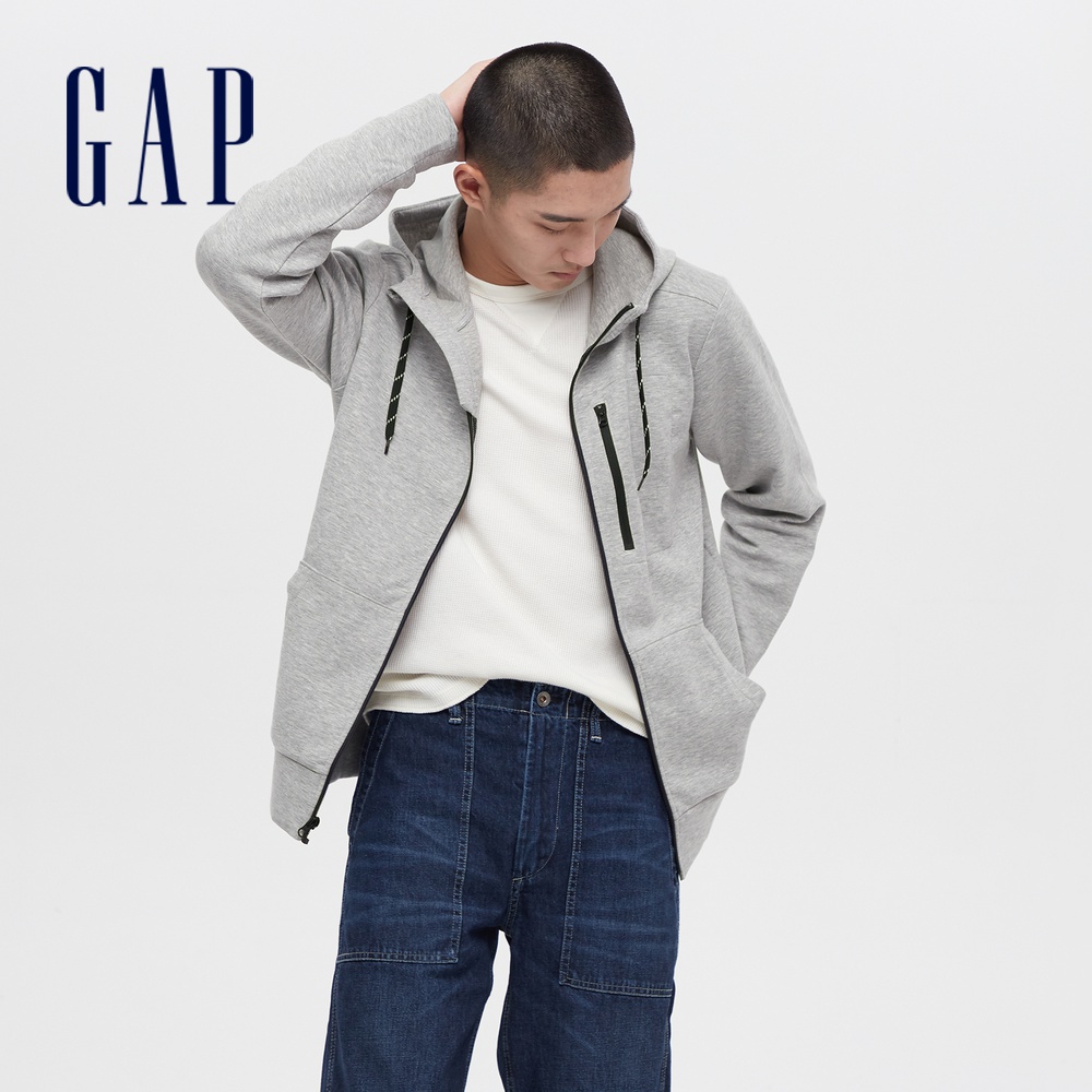 Gap 男裝 簡約素色針織拉鍊連帽外套-淺灰色(608028)