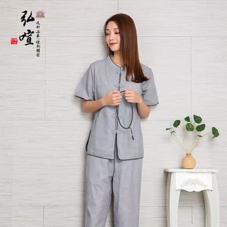 女 居士服 滾黑邊 米通布 套裝 短袖 夏天款