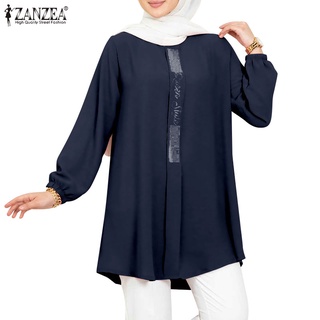 Zanzea 女士穆斯林簡單全袖因果泡泡袖亮片鞦韆純色上衣