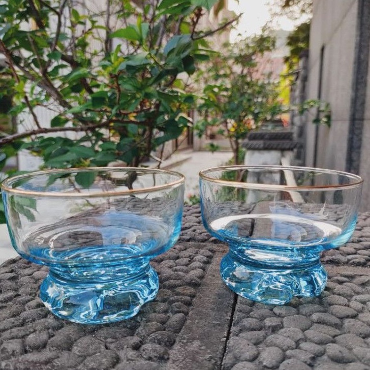 老木青 |全新早期日本MENARD漸層湛藍金圈玻璃杯 冰淇淋杯 聖代杯 威士忌酒杯 老件 絕版