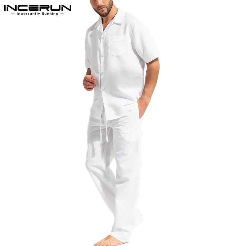 INCERUN男士休閒素色純棉短袖襯衫+長褲寬鬆睡衣套裝
