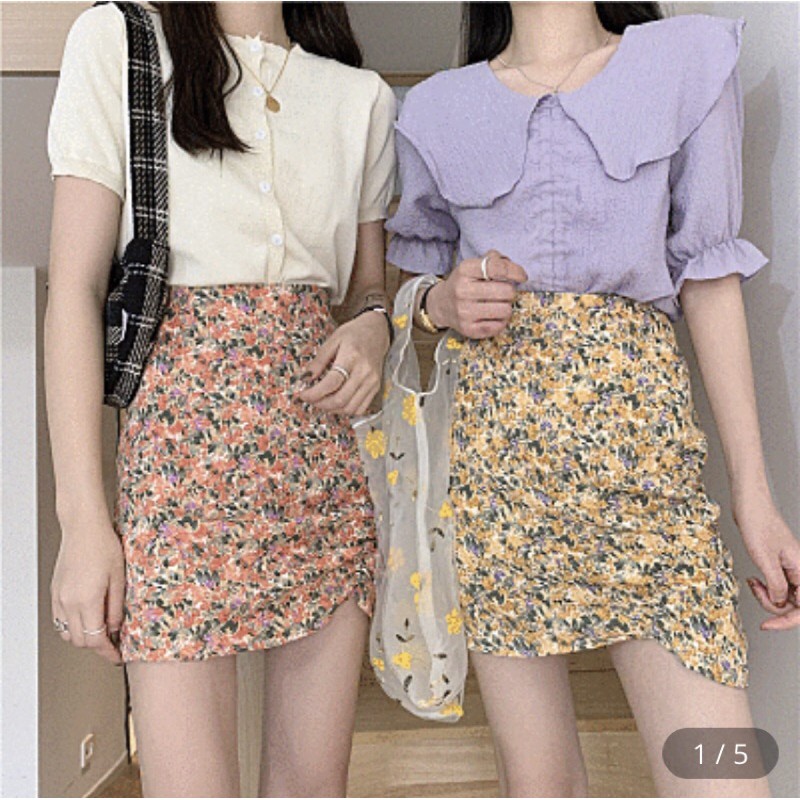 S現貨 抓皺小碎花短裙短裙黃色 蝦皮購物