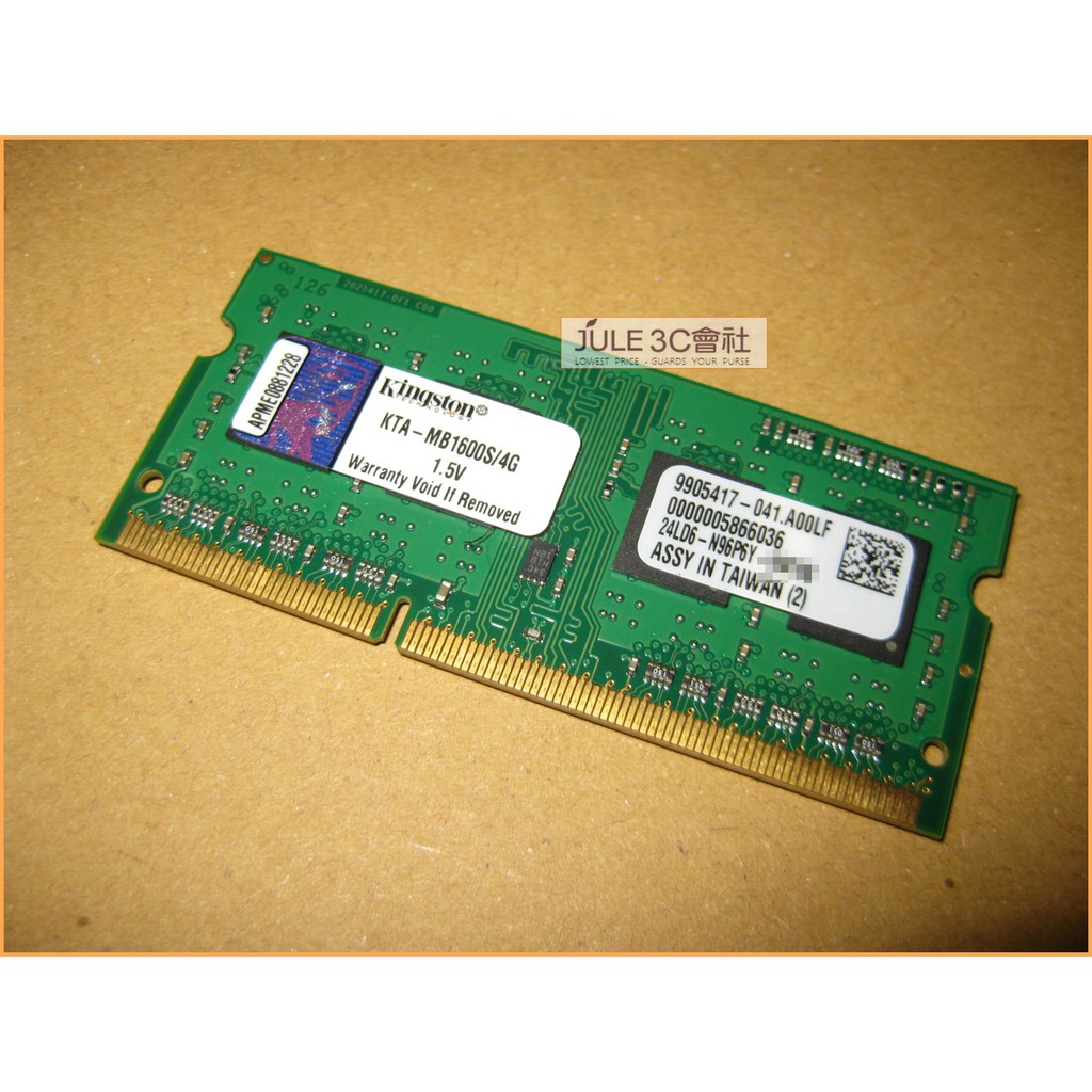 JULE 3C會社-金士頓Kingston DDR3 1600 4GB KTA-MB1600S/4G 筆電/NB/記憶體