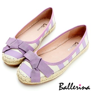 Ballerina-全真皮絲印條紋蝴蝶結編織鞋-紫【BD600181PE】