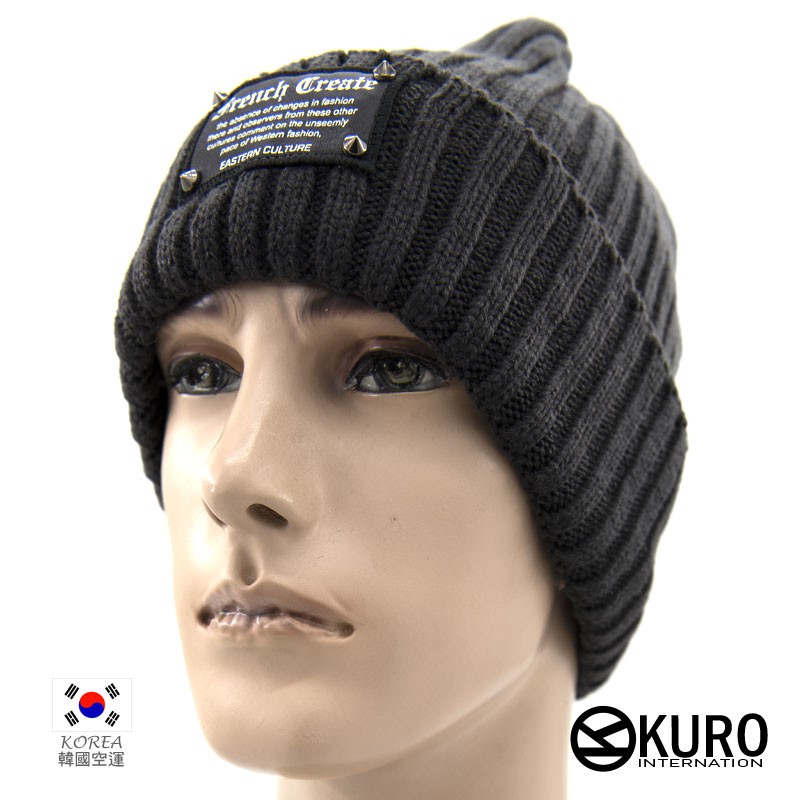 KURO-SHOP韓國進口 灰色直條紋 標籤 超質感 針織帽
