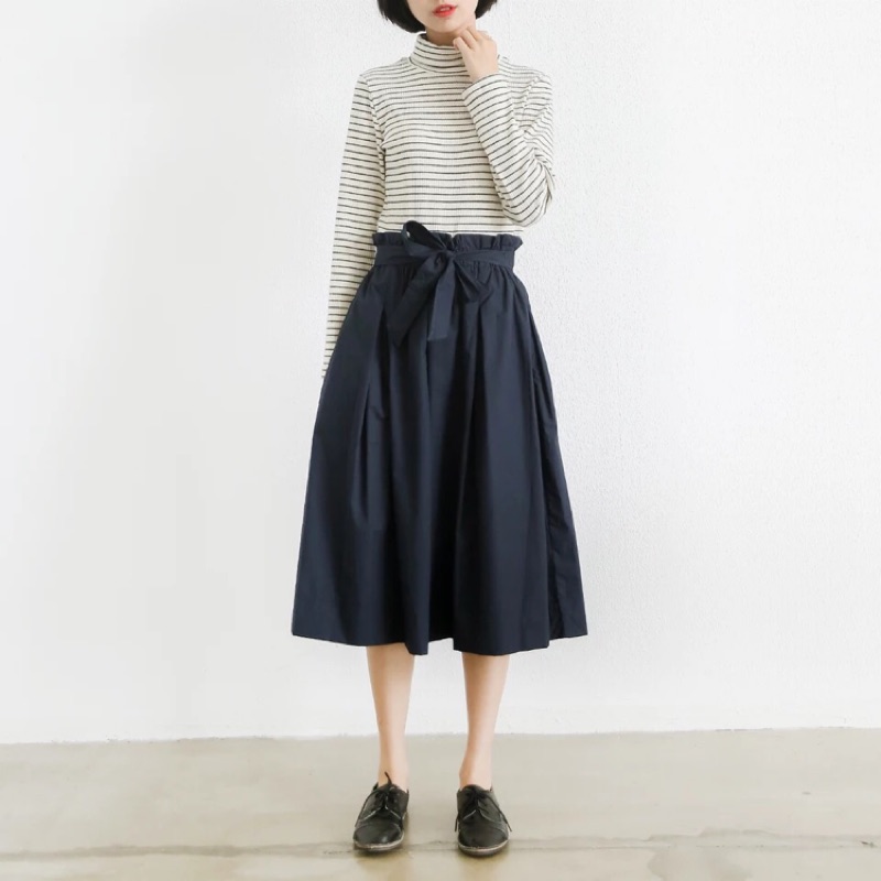 日系 uniqlo風 高腰 蝴蝶結綁帶 過膝裙