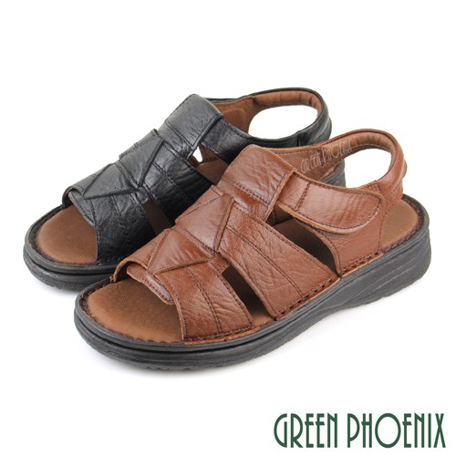 【GREEN PHOENIX】手工縫製幾何圖形全真皮沾黏式寬楦厚底涼鞋-男款 台灣製 T12-12767