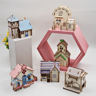 MOMO#地攤3D立體拼圖手工製作木質拼裝房屋建築模型益智類diy玩具
