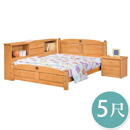 Boden-麥基5尺原木色多功能雙人床房間組-三件組(實木床架-四分床板+床頭櫃+收納床邊櫃)(不含床墊)