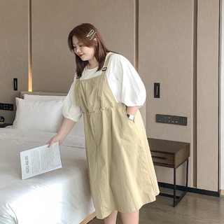 ✨魅力女士✨ 大尺碼連衣裙 女生洋裝 胖妹妹裙子 洋裝 2色遮臂肉顯瘦上衣背帶裙套裝2022年新款大碼胖mm疊穿遮肚連衣