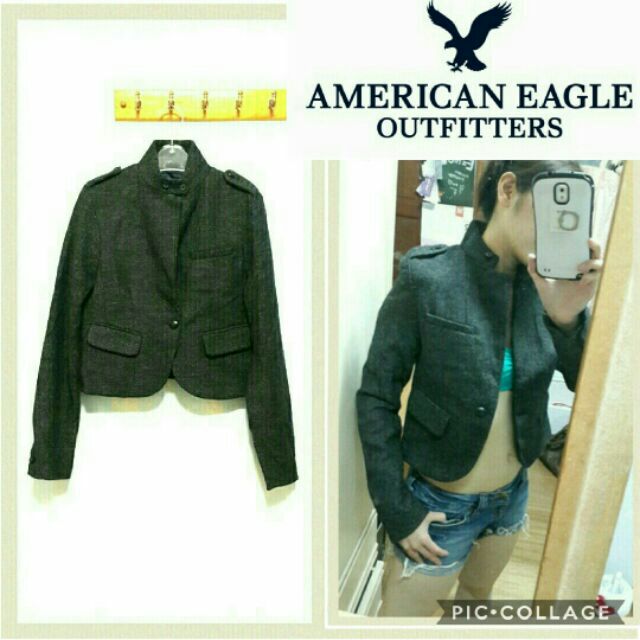 全新-正品 AE American Eagle 復古人字紋羊毛灰色短版外套零捌零