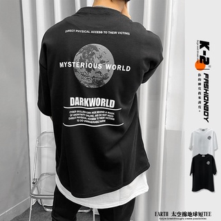 【K-2】韓國 EARTH DARKWORLD 太空棉 厚磅 五分袖 寬鬆短T 短袖 上衣 情侶 落肩 短袖【K361】