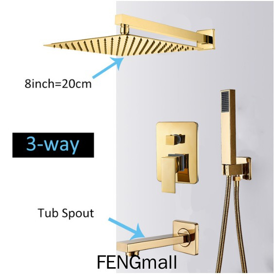 壁掛式金色淋浴龍頭套裝超薄雨淋金色淋浴頭冷熱水水龍頭浴室隱藏式
