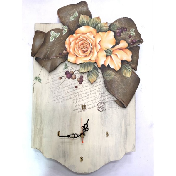玫瑰 立體蝴蝶結時鐘 木頭美術彩繪 手工油畫 時尚